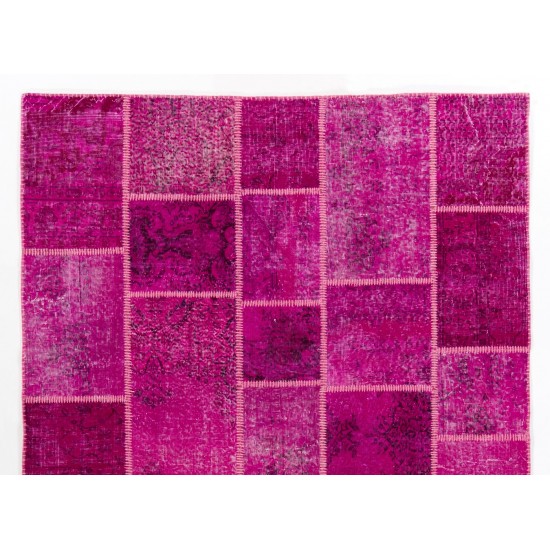 Hot Pink Modern Handmade Patchwork Rug, Vintage Turkish Carpet, Woolen Floor Covering