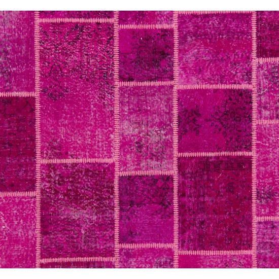 Hot Pink Modern Handmade Patchwork Rug, Vintage Turkish Carpet, Woolen Floor Covering