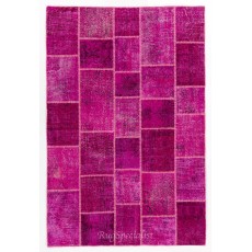 Hot Pink Modern Handmade Patchwork Rug, Vintage Turkish Carpet, Woolen Floor Covering