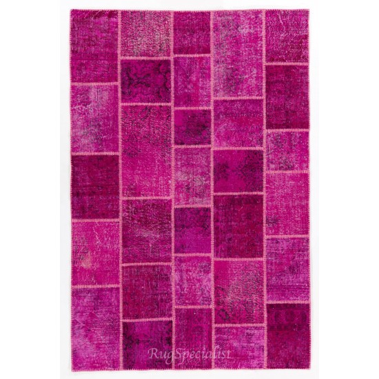 Hot Pink Modern Handmade Patchwork Rug, Vintage Turkish Carpet, Woolen Floor Covering