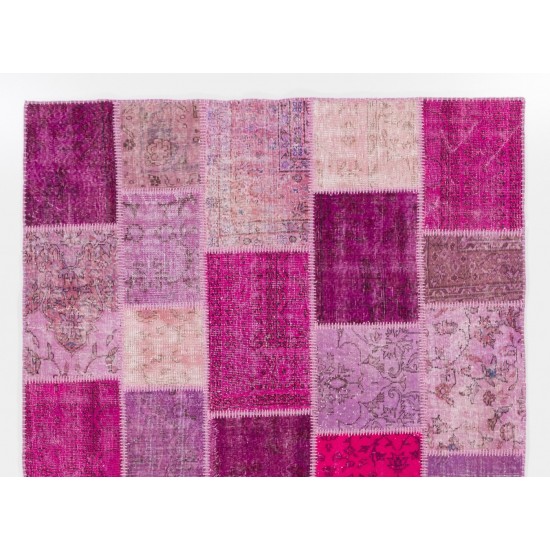 Handmade Patchwork Rug in Pink & Purple Colors, Modern Turkish Carpet for Living Room Decor