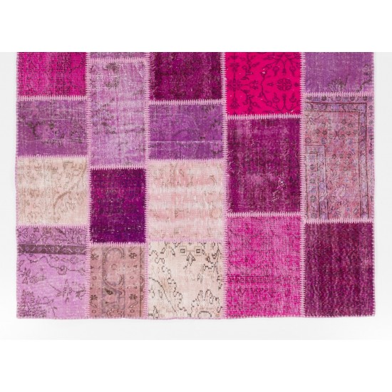 Handmade Patchwork Rug in Pink & Purple Colors, Modern Turkish Carpet for Living Room Decor