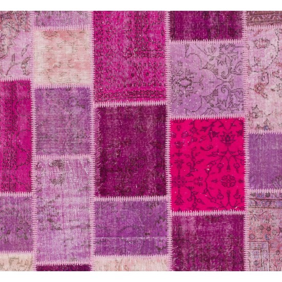 Handmade Patchwork Rug in Pink & Purple Colors, Modern Turkish Carpet for Living Room Decor