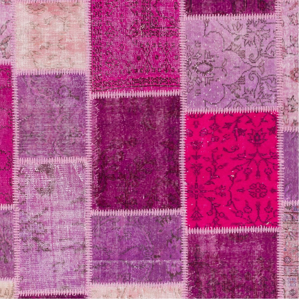 Hand-Knotted Pink and Purple Patchwork Rug for Living Room, Bedroom and Dining Room | Contemporary Overdyed Turkish Wool Carpet Hand-Knotted Pink and Purple Patchwork Rug for Living Room, Bedroom and Dining Room | Contemporary Overdyed Turkish Wool Carpet