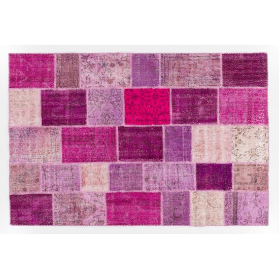 Handmade Patchwork Rug in Pink & Purple Colors, Modern Turkish Carpet for Living Room Decor