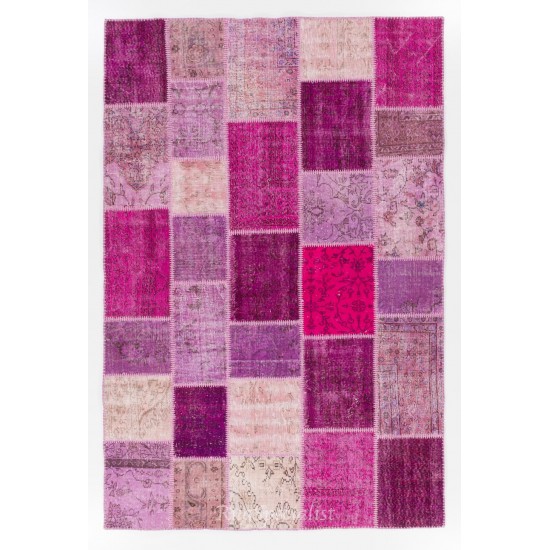 Handmade Patchwork Rug in Pink & Purple Colors, Modern Turkish Carpet for Living Room Decor