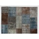 Contemporary Patchwork Rug in Brown, Blue, Gray & Green Colors. Handmade Turkish Carpet. Colorful Living Room Rug