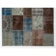 Contemporary Patchwork Rug in Brown, Blue, Gray & Green Colors. Handmade Turkish Carpet. Colorful Living Room Rug