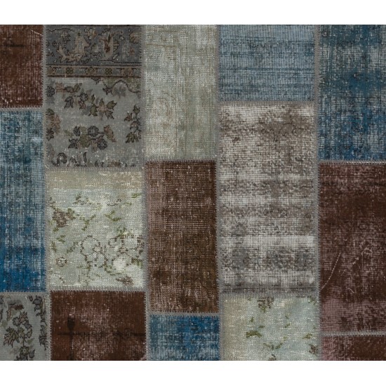 Contemporary Patchwork Rug in Brown, Blue, Gray & Green Colors. Handmade Turkish Carpet. Colorful Living Room Rug