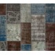 Contemporary Patchwork Rug in Brown, Blue, Gray & Green Colors. Handmade Turkish Carpet. Colorful Living Room Rug