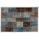 Contemporary Patchwork Rug in Brown, Blue, Gray & Green Colors. Handmade Turkish Carpet. Colorful Living Room Rug