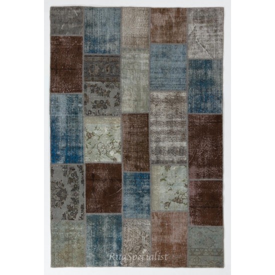 Contemporary Patchwork Rug in Brown, Blue, Gray & Green Colors. Handmade Turkish Carpet. Colorful Living Room Rug