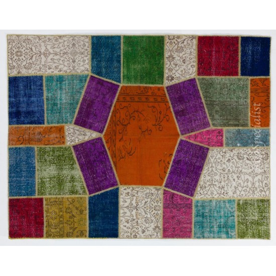 Vibrant Handmade Patchwork Carpet. Modern Look Colorful Wool Area Rug. Home and Office Decoration Floor Covering
