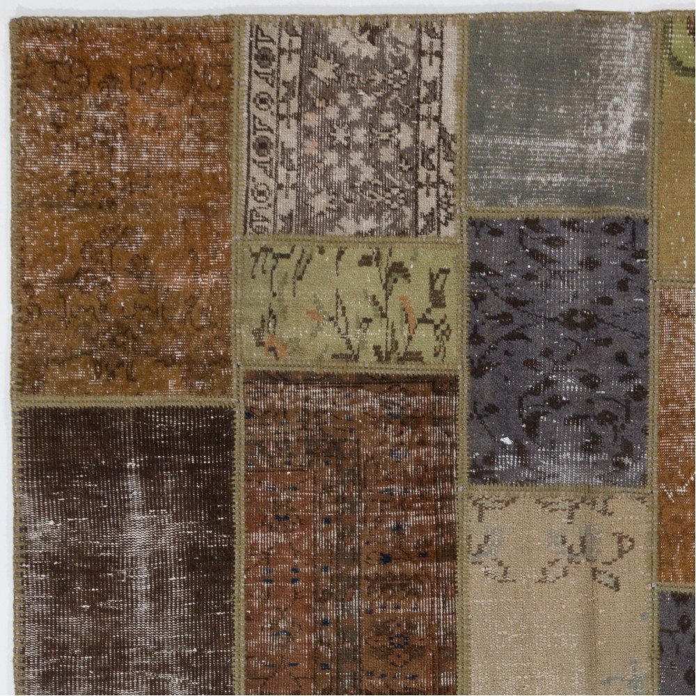 Hand-Knotted Brown, Gray, Beige and Green Patchwork Rug | Contemporary Overdyed Turkish Wool Carpet for Living Room