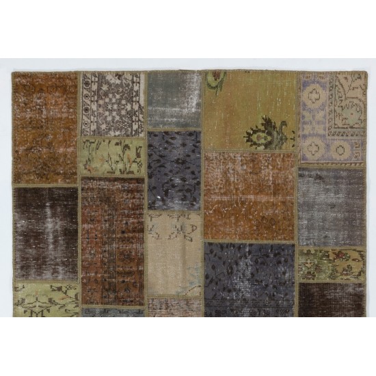 Custom Modern Patchwork Rug in Brown, Gray, Beige & Green Colors. Handmade Turkish Carpet. Colorful Living Room Rug