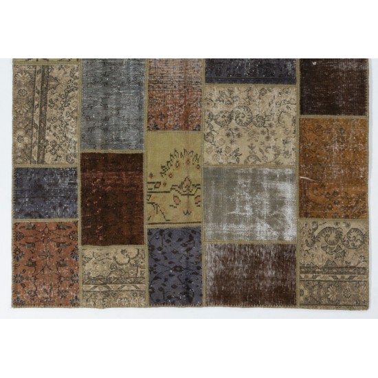 Custom Modern Patchwork Rug in Brown, Gray, Beige & Green Colors. Handmade Turkish Carpet. Colorful Living Room Rug