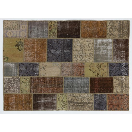 Custom Modern Patchwork Rug in Brown, Gray, Beige & Green Colors. Handmade Turkish Carpet. Colorful Living Room Rug