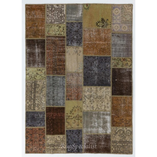 Custom Modern Patchwork Rug in Brown, Gray, Beige & Green Colors. Handmade Turkish Carpet. Colorful Living Room Rug