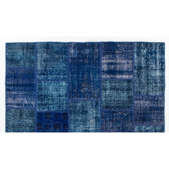 Blue Color Handmade Patchwork Rug Made from Over-Dyed Vintage Carpets