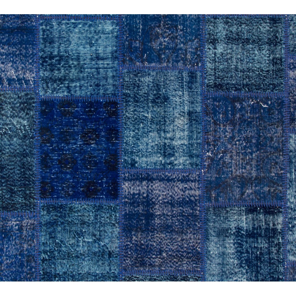 Blue Color Handmade Patchwork Rug Made from Over-Dyed Vintage Carpets