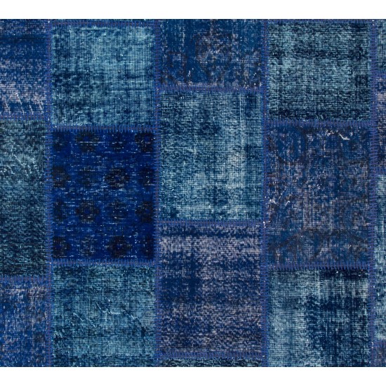 Blue Color Handmade Patchwork Rug Made from Over-Dyed Vintage Carpets