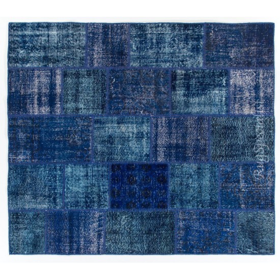 Blue Color Handmade Patchwork Rug Made from Over-Dyed Vintage Carpets