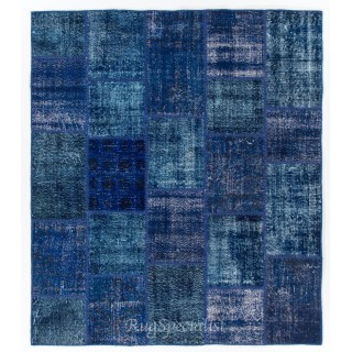 Blue Color Handmade Patchwork Rug Made from Over-Dyed Vintage Carpets