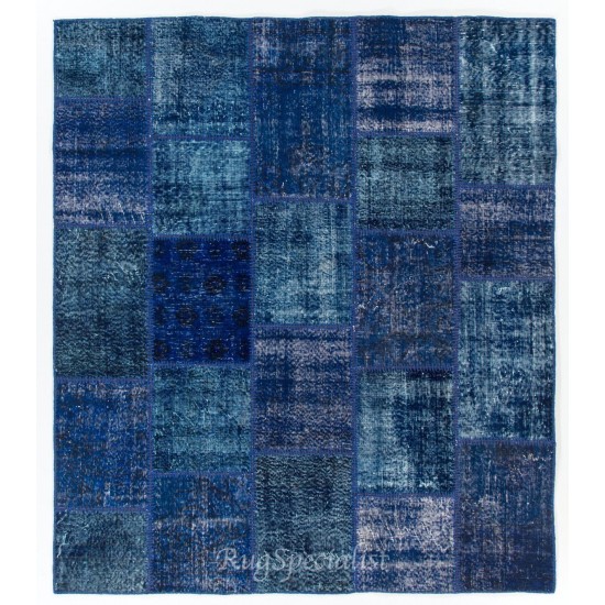 Blue Color Handmade Patchwork Rug Made from Over-Dyed Vintage Carpets