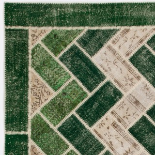 Green and Beige Zigzag Pattern Patchwork Rug for Living Room | Handmade Modern Turkish Wool Carpet