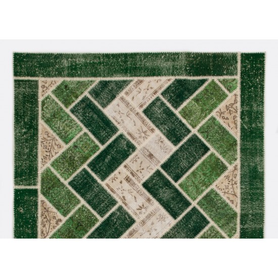 Custom Unique Design Handmade Turkish Patchwork Rug. Modern Green Carpet