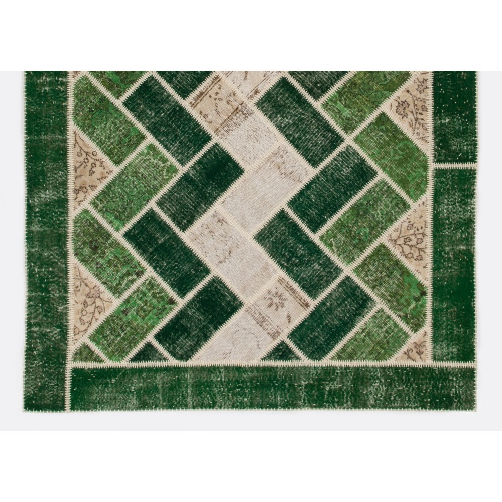 Custom Unique Design Handmade Turkish Patchwork Rug. Modern Green Carpet