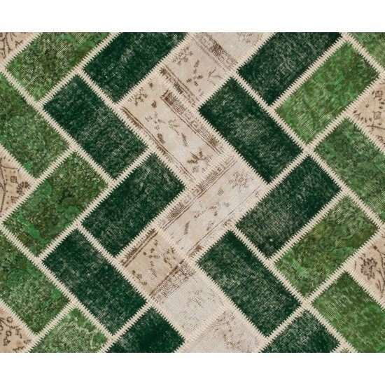 Custom Unique Design Handmade Turkish Patchwork Rug. Modern Green Carpet