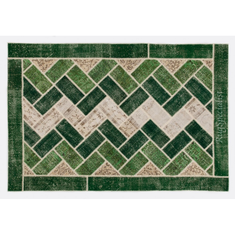 Custom Unique Design Handmade Turkish Patchwork Rug. Modern Green Carpet