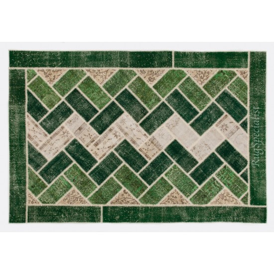 Custom Unique Design Handmade Turkish Patchwork Rug. Modern Green Carpet