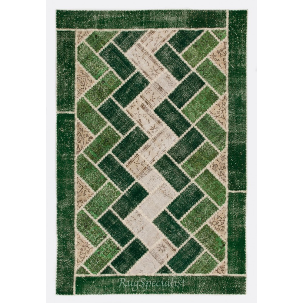 Custom Unique Design Handmade Turkish Patchwork Rug. Modern Green Carpet