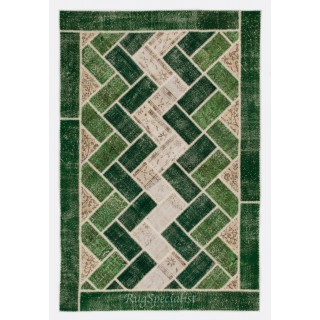 Custom Unique Design Handmade Turkish Patchwork Rug. Modern Green Carpet