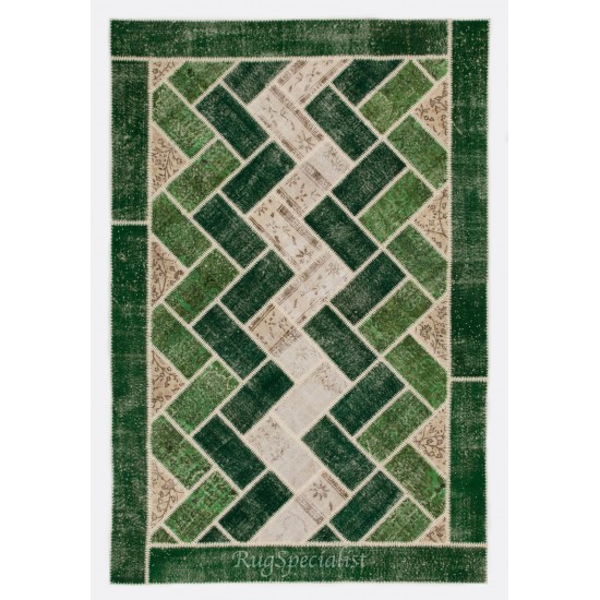 Custom Unique Design Handmade Turkish Patchwork Rug. Modern Green Carpet