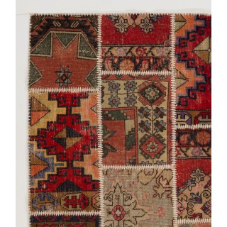 Traditional Hand-Knotted Wool Patchwork Rug | Vintage Turkish Carpet