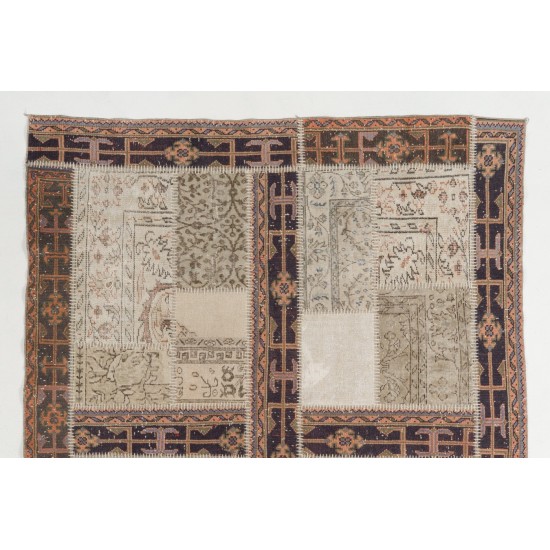 Contemporary Patchwork Rug. Handmade Turkish Carpet for Kitchen, Bedroom and Living Room Decor