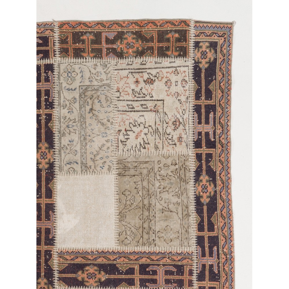 Vintage Beige and Brown Patchwork Rug | Handmade Turkish Carpet for Bedroom, Living Room and Dining Room Vintage Beige and Brown Patchwork Rug | Handmade Turkish Carpet for Bedroom, Living Room and Dining Room