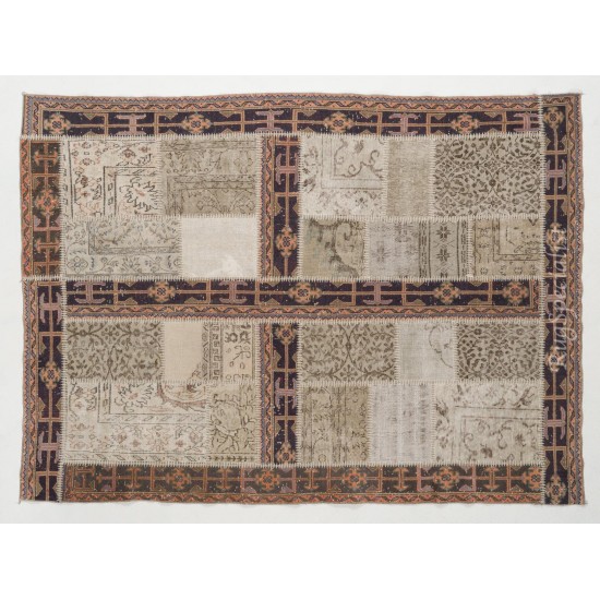 Contemporary Patchwork Rug. Handmade Turkish Carpet for Kitchen, Bedroom and Living Room Decor