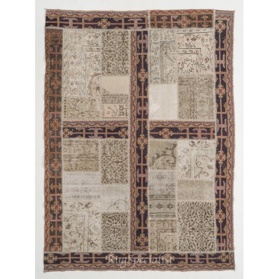 Contemporary Patchwork Rug. Handmade Turkish Carpet for Kitchen, Bedroom and Living Room Decor