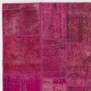 Contemporary Handmade Upcycled Wool Turkish Patchwork Rug in Shades of Pink