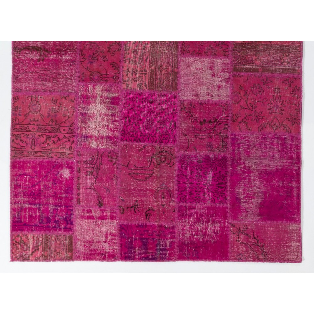 Contemporary Handmade Upcycled Wool Turkish Patchwork Rug in Shades of Pink