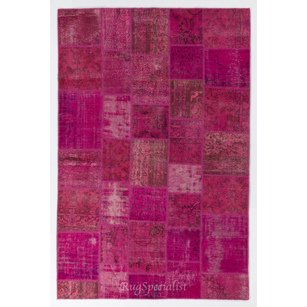 Contemporary Handmade Upcycled Wool Turkish Patchwork Rug in Shades of Pink