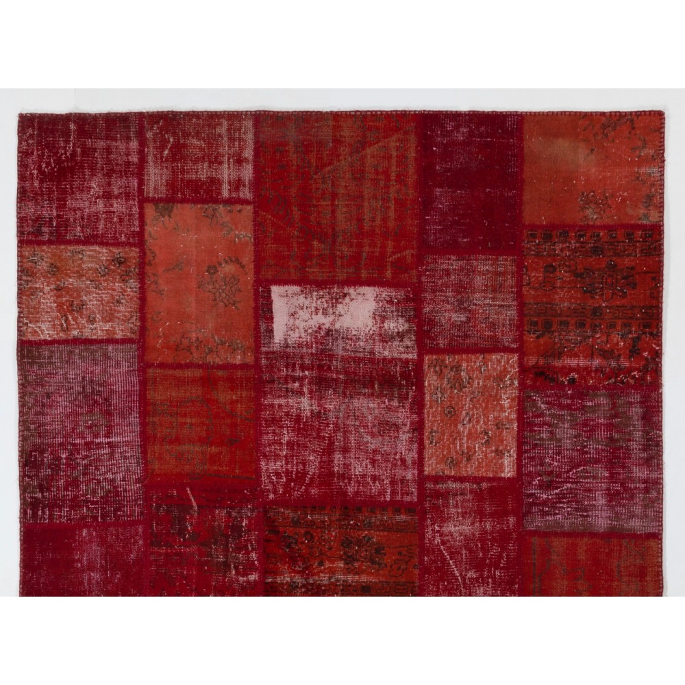 Handmade Patchwork Rug in Burgundy Red and Maroon Colors, Decorative Central Anatolian Wool Carpet for Modern Interiors