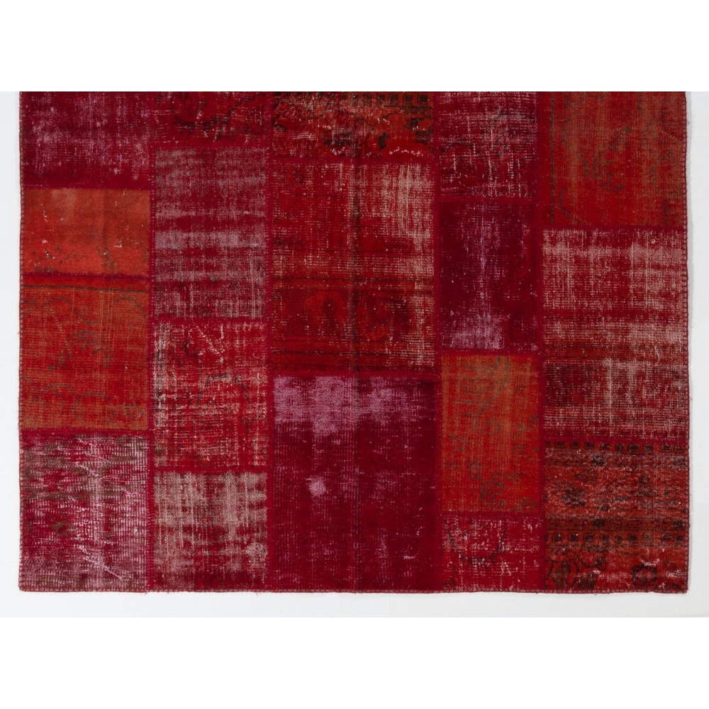 Handmade Patchwork Rug in Burgundy Red and Maroon Colors, Decorative Central Anatolian Wool Carpet for Modern Interiors