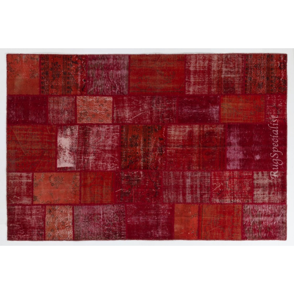 Handmade Patchwork Rug in Burgundy Red and Maroon Colors, Decorative Central Anatolian Wool Carpet for Modern Interiors