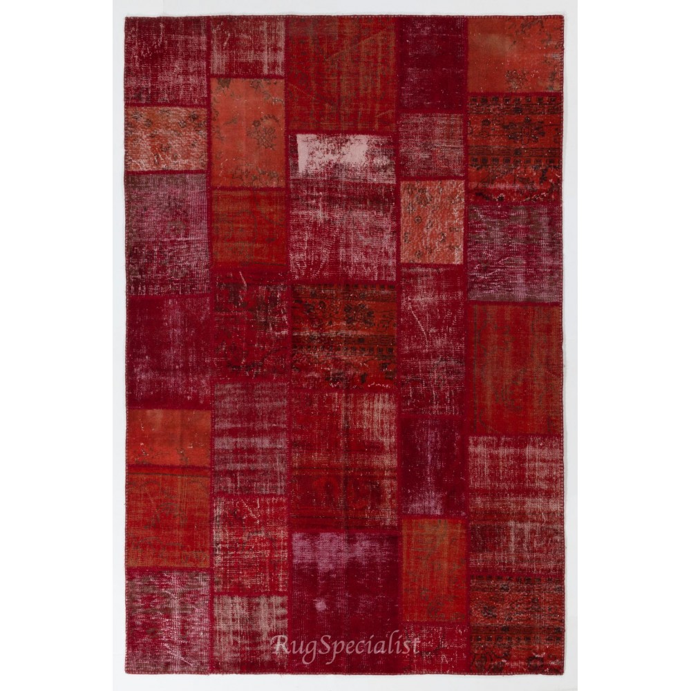 Handmade Patchwork Rug in Burgundy Red and Maroon Colors, Decorative Central Anatolian Wool Carpet for Modern Interiors