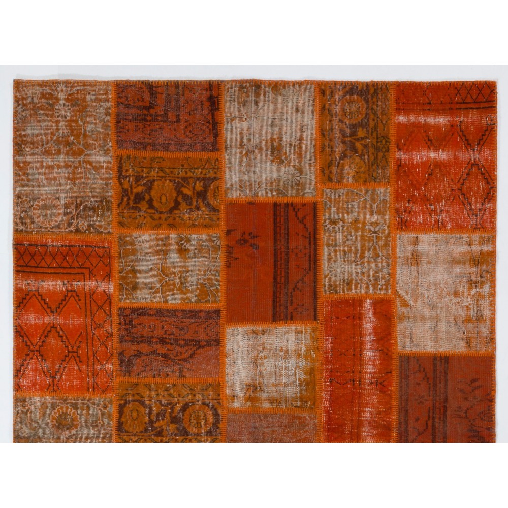Modern Handmade Turkish Wool Patchwork Rug in Shades of Orange